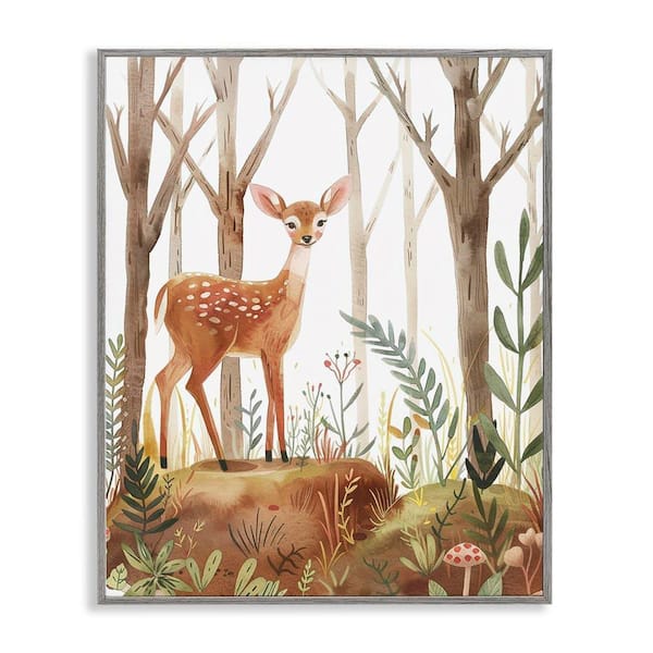 Stupell Industries Soft Woodland Deer by LSR Design Studio Gray Framed Nature Giclee Art Print 30 in. x 24 in.