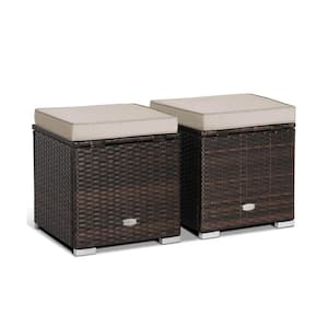 2-Pieces Brown Wicker Outdoor Rattan Ottomans with Brown Cushion - Patio Wicker Footstools with Storage Space