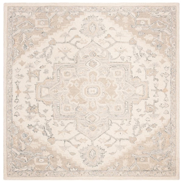SAFAVIEH Micro-Loop Ivory/Beige Doormat 3 ft. x 3 ft. Floral Medallion Square Area Rug