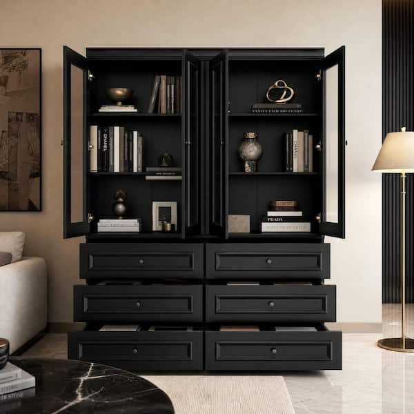 78.7 in. Tall Black Wood 6-Shelf Standard Bookcase with 4 Glass Doors, 6 Drawers, and Accent Design