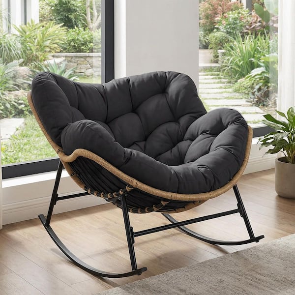 Oversized PE Wicker Outdoor Rocking Chair Papasan Lounge Chair with Gray 5.1 in. Thick Cushion