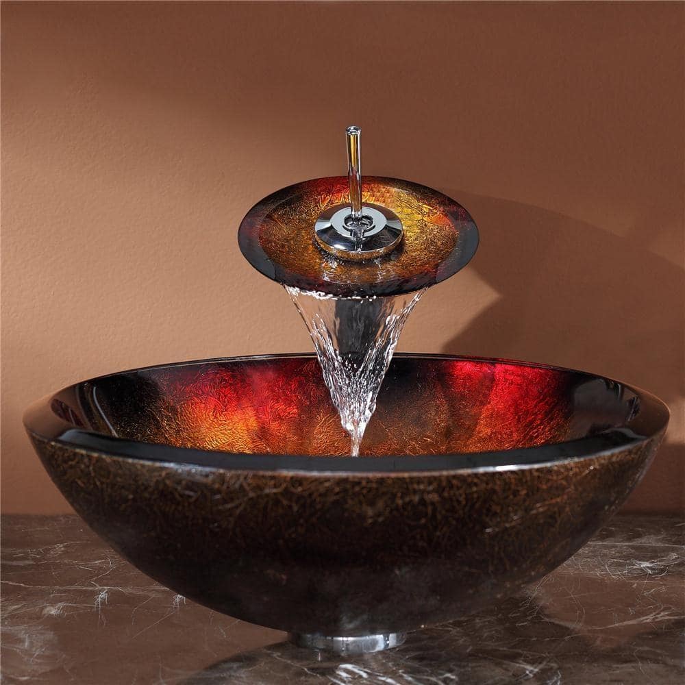 Red and Gold Glass Circular Vessel Bathroom Sink, 17 inch
