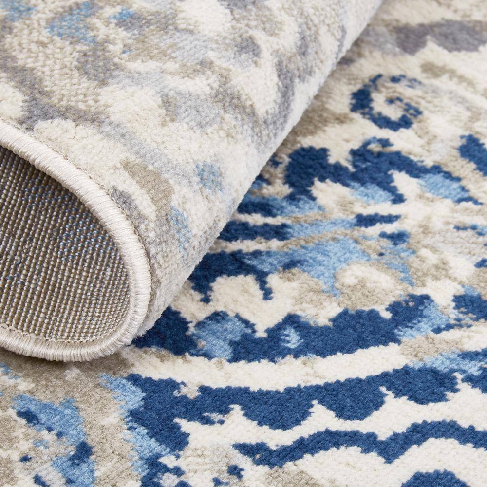Ivory Blue Moroccan Ogee Damask Rectangular Area Rug