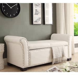 Malory Ivory/Silver PU Leather Ottoman Storage Bench Nailhead Trim