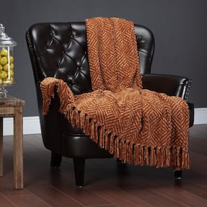 Chenille Cinnamon Knit Diamond Textured Throw Blanket with Tassels, 50 x 65 Inches