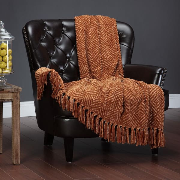 CHANASYA Chenille Cinnamon Knit Diamond Textured Throw Blanket with Tassels, 50 x 65 Inches