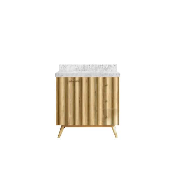 Willow Collections Pasadena Teak 36 in. W x 22 in. D x 36 in. H Single Sink Bath Vanity Center in Light Teak with 2 in. Carrara Marble Top