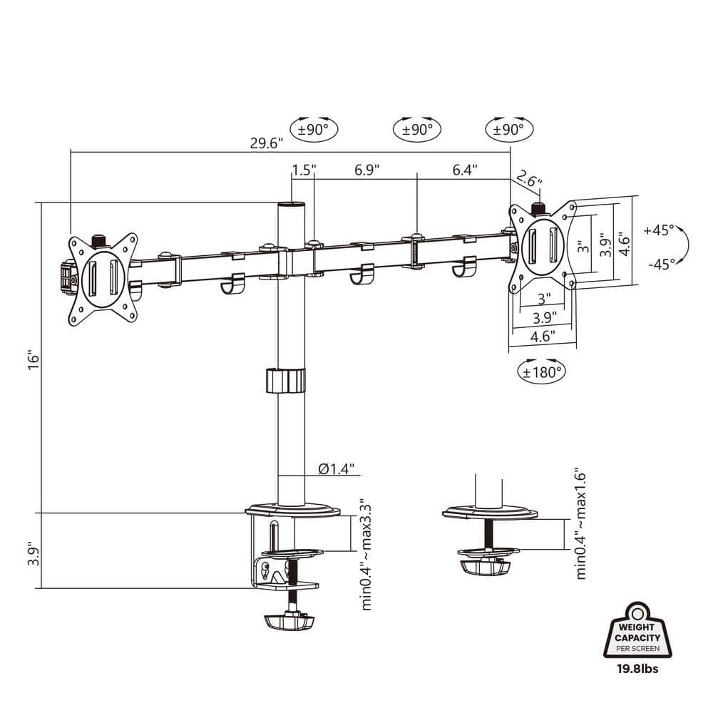 Black Full Motion Dual Monitor Desk Mount with C-Clamp