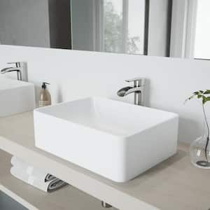 Matte Stone Amaryllis Composite Rectangular Vessel Bathroom Sink in White with Faucet and Pop-Up Drain in Brushed Nickel