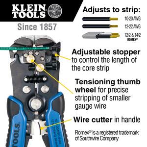 8-1/4 in. Self-Adjusting Wire Stripper and Cutter for 10-20 AWG, 12-22 AWG, 12/2 and 14/2 Romex Wire