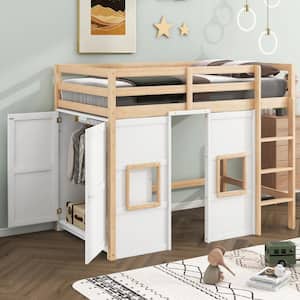 Natural and White Twin Size Wood Loft Bed with Built-in Storage Wardrobe, 2-Windows Design