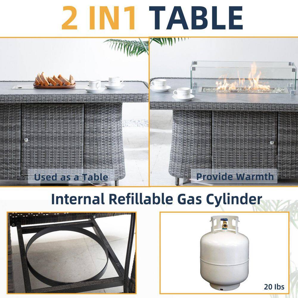 Infographic showing the 2-in-1 functionality of the fire pit table as both a dining table and a fire pit.
