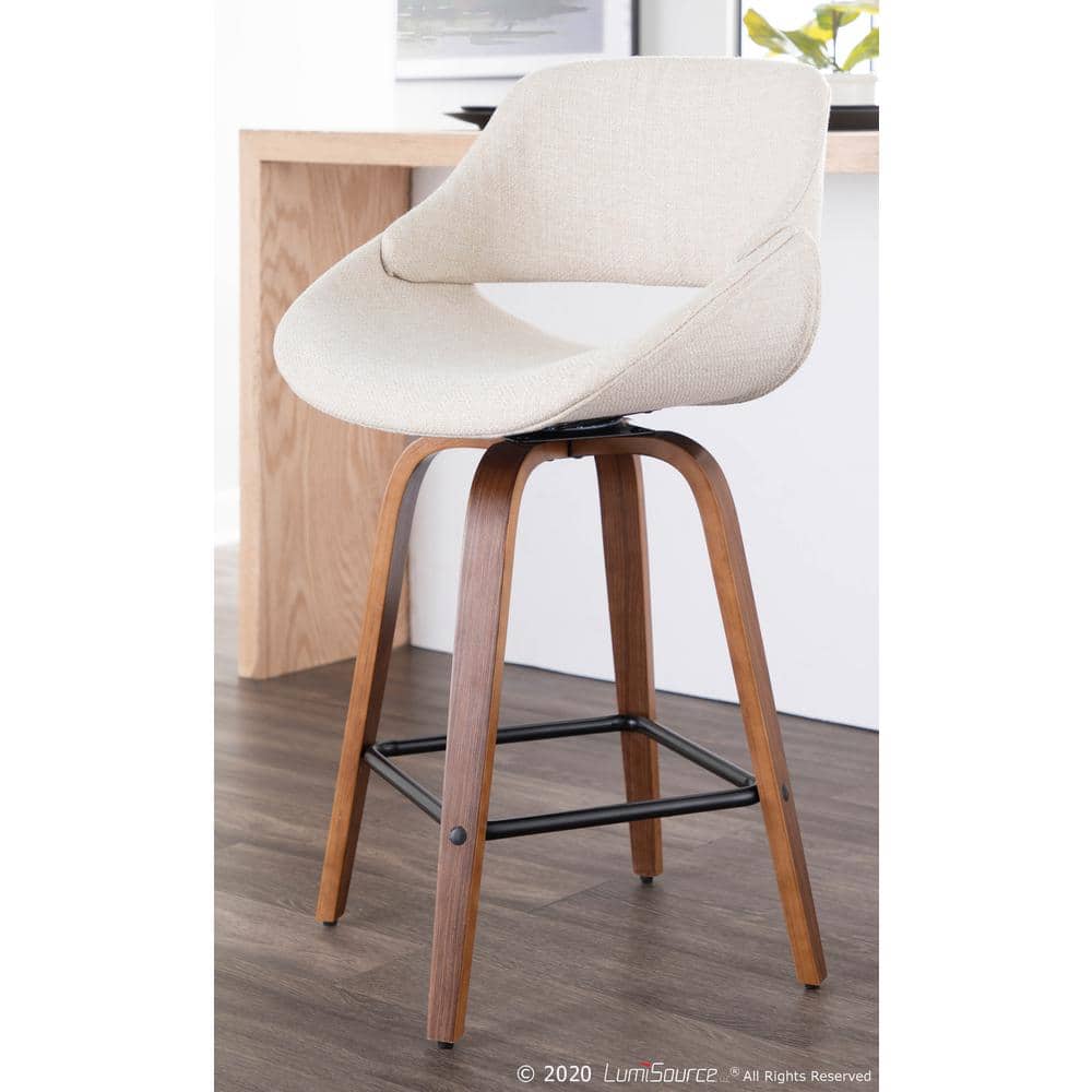 Walnut and Cream Fabric Mid-Century Modern Swivel Counter Stool, Set of 2