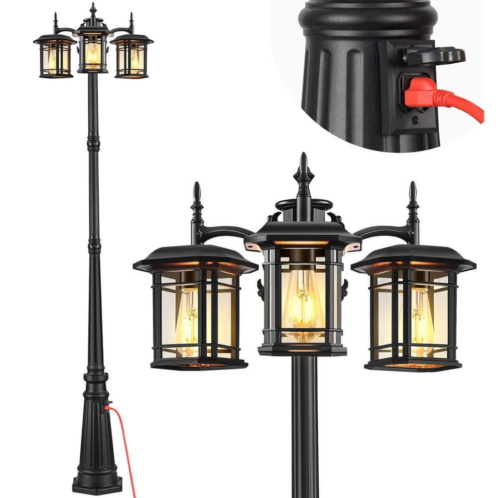 KIYAR 3-Head Outdoor Lamp Post Light with Built-In Outlet, Dusk to