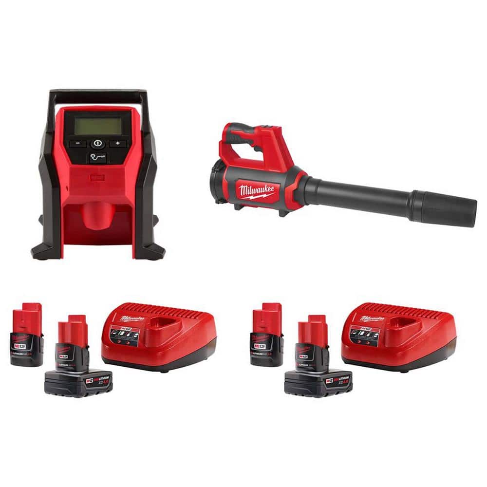 Milwaukee M12 Cordless Compact Inflator Kit and Compact Spot Blower with  4.0 Ah and 2.0 Ah Battery Packs and Charger (2-Pack)  2475-20-48-59-2424-0852-20-48-59-2424 The Home Depot