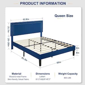 Upholstered Bed with Adjustable Headboard, No Box Spring Needed Platform Bed Frame, Bed Frame Blue Queen Bed