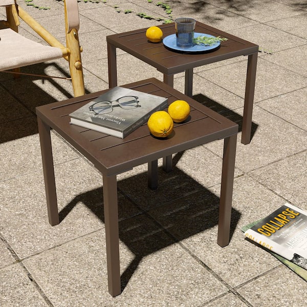 Pellebant Brown Square Metal Rust-Resistant Aluminum Outdoor Side Table Patio End Table 2-Piece Set