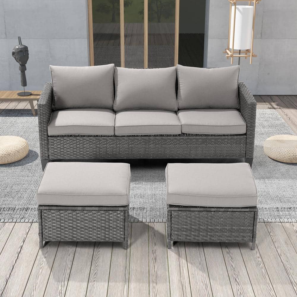 3 Seater Patio Gray Wicker Sofa Set with Ottomans Linen Grey Cushion