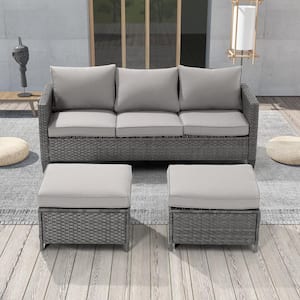 3-Seater Patio Gray Wicker Sofa set with Ottomans, Linen Grey Cushion