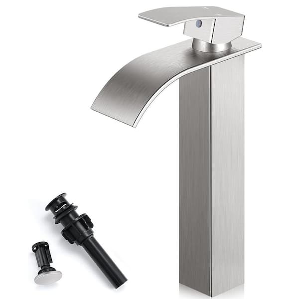 Single Handle Waterfll Spout Single Hole Tall Bathroom Sink Faucet with Drain in Brushed Nickel
