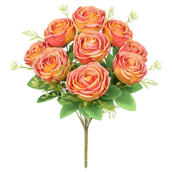LIVING LUXURY 17 in. Orange Artificial Vintage Cabbage Rose Flower Stem Bush Bouquet (Set of 2)