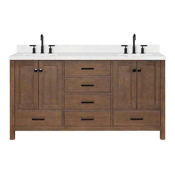 Cambridge 66 in. Double Sink Freestanding Bathroom Vanity in Brown Oak with Carrara White Quartz Top