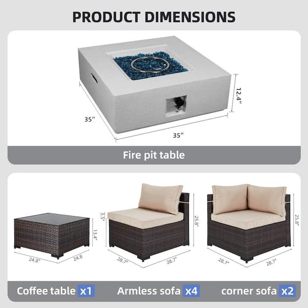 8-Piece Outdoor Fire Pit Patio Set with 35-in Square Fire Pit Table, Wicker Conversation Set with Beige Cushions