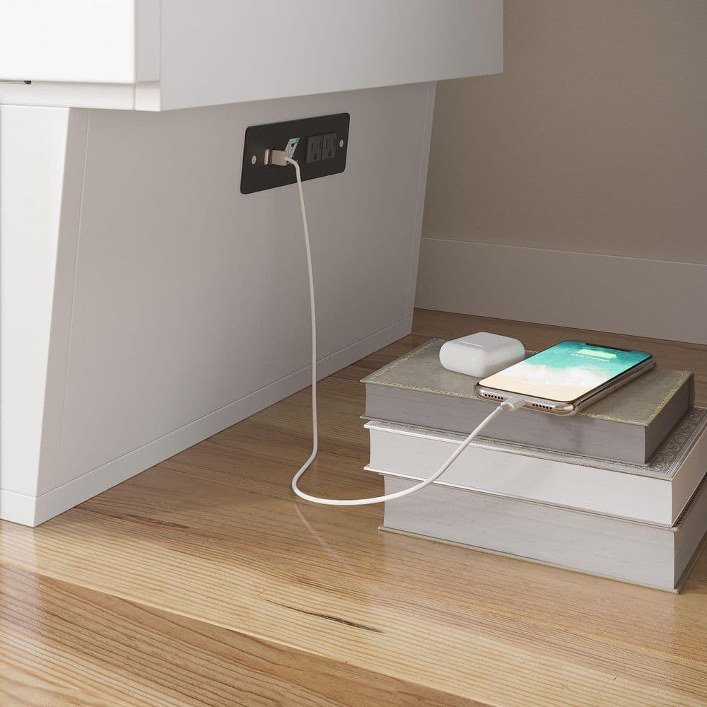 Marina White Full Murphy Bed Chest with Storage and Charger