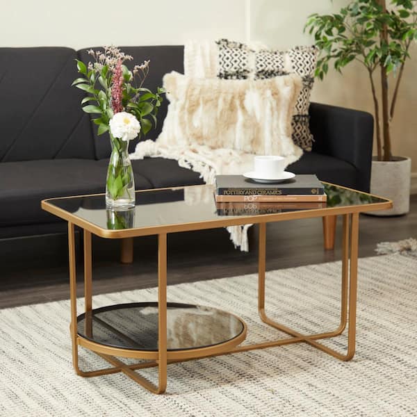 Litton Lane 36 in. Gold Medium Rectangle Metal 1 Shelf Coffee Table with Mirrored Glass Top