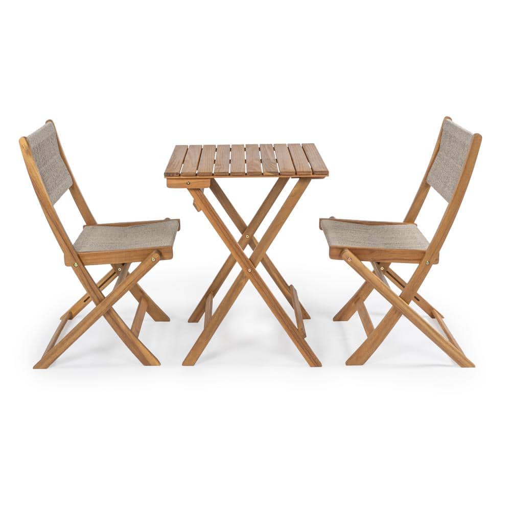 Beige and Teak Brown Acacia Wood Outdoor Folding Bistro Set