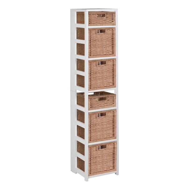 Regency Nemus 67 in. H White and Natural Wood 6-Shelf Square Folding Standard Bookcase with Wicker Storage Baskets