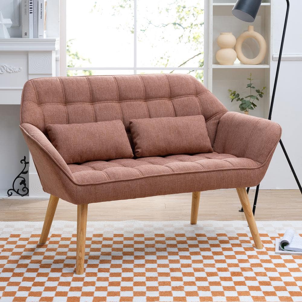 Life Style 50 in. W Pink Linen 2-Seater Loveseat Sofa with 2-Pillows and Ru