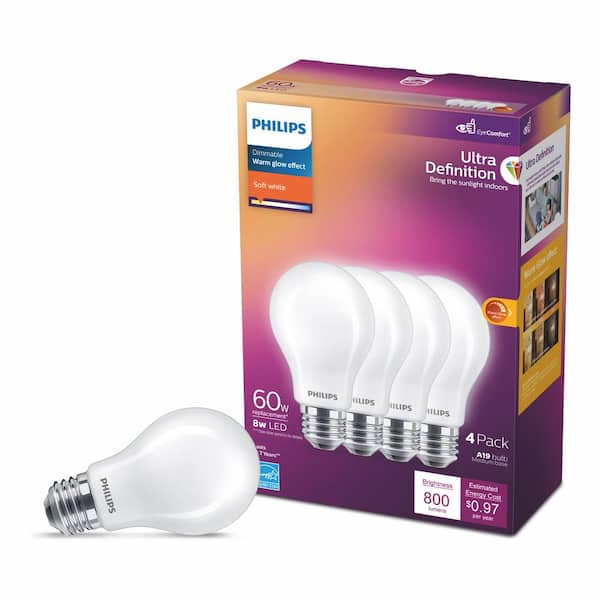Philips 60-Watt Equivalent A19 Ultra Definition Dimmable E26 LED Light Bulb Soft White with Warm Glow 2700K (4-Pack)