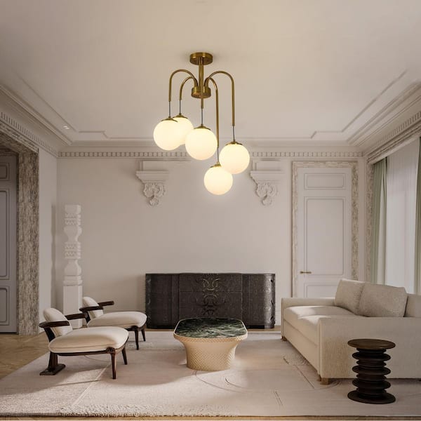 Modern 17.76 in. 5-Light Brass Sputnik Semi-Flush Mount Dimmable Branch Chandelier with Vintage Globe Milk Glass Shade
