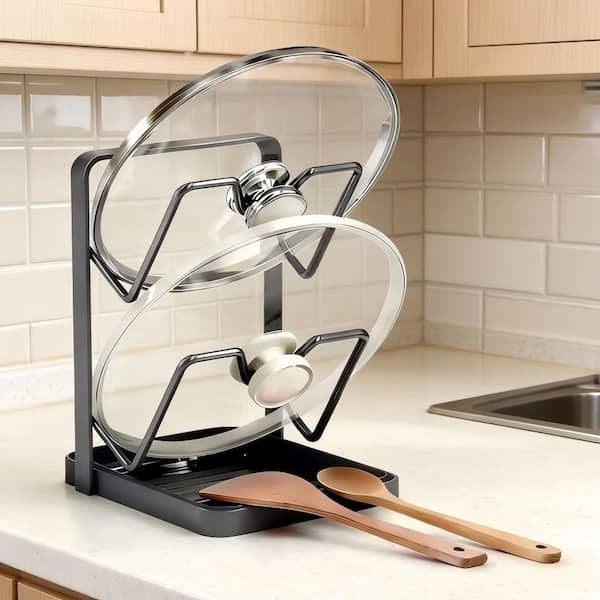 2-Tiers Stainless Steel Pot Lid Organizer with Removable Drip Tray for Countertop, Kitchen Drawer Organizer in Black