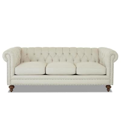 Blakely 95 in. Max Buff Natural Tweed Fabric 3 -Seater Chesterfield Sofa with Removable Cushions