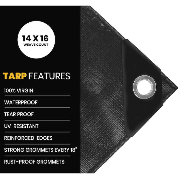 GUARD SHIELD Heavy Duty Waterproof Tarp – 16x20 Feet Black Poly Cover, 10mil Thick, UV Resistant With Grommets Every 3 Feet