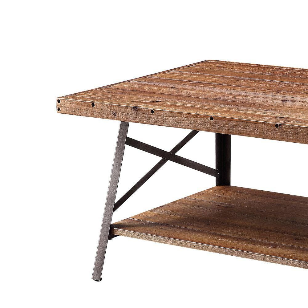 Close-up of the corner and frame of the Benjara wood top coffee table.