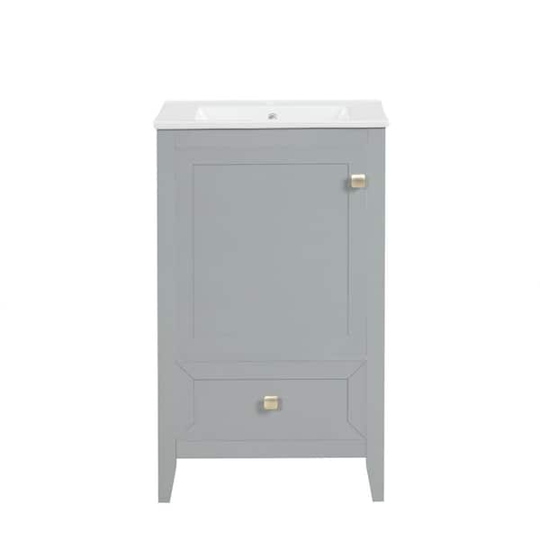 20 in. Freestanding Gray Bath Vanity with White Ceramic Sink Top with Soft Closing Door, Storage Rack and Drawer