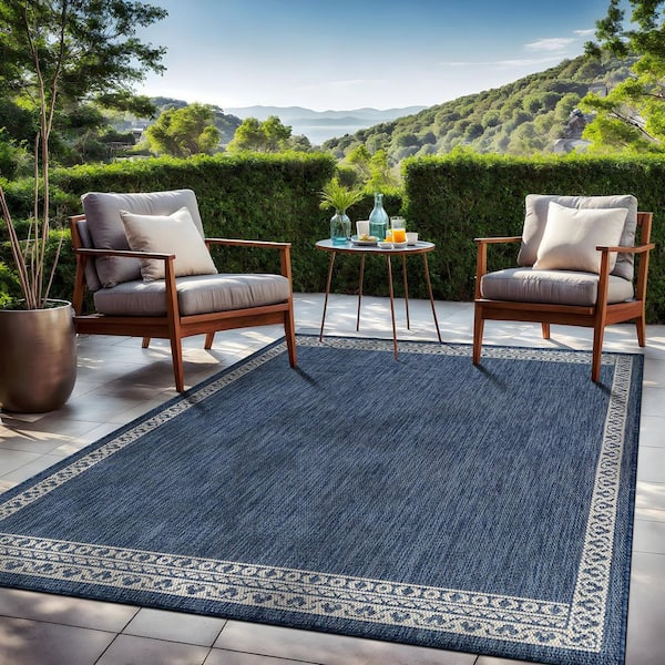 Frame Blue 5 ft. x 7 ft. Geometric Bordered Washable Indoor Outdoor Area Rug