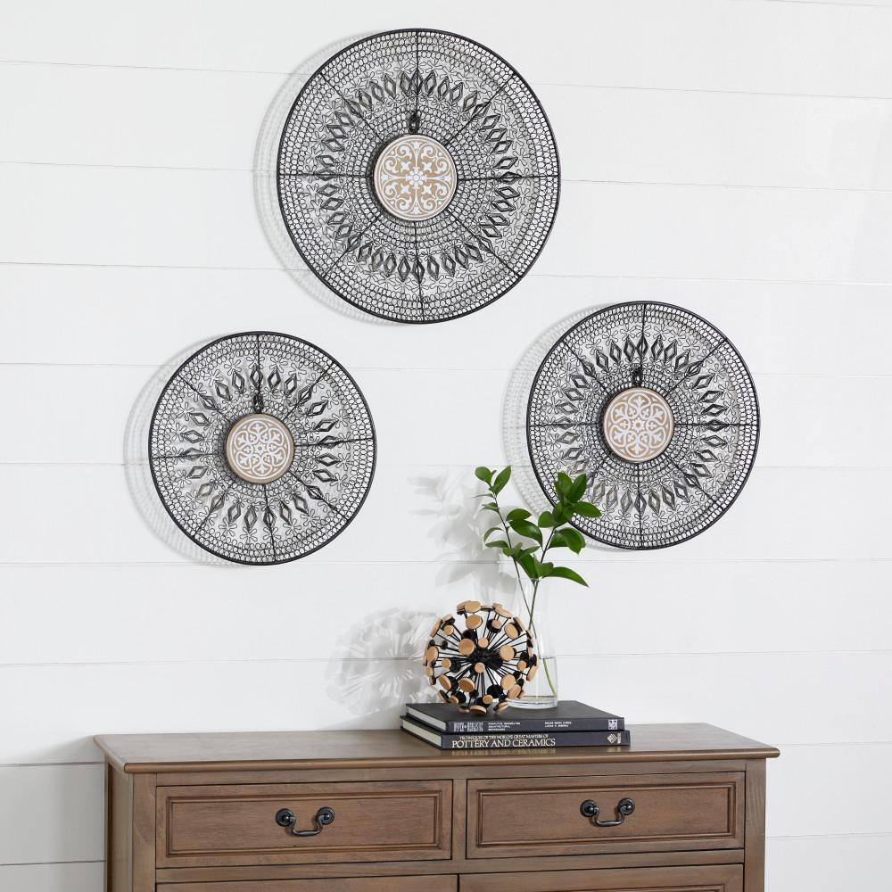 Set of Three Black and Natural Metal Circle Wall Sculptures