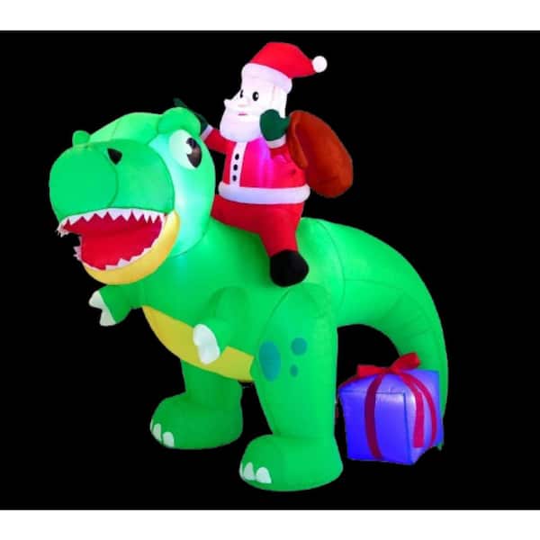 6 ft. Christmas Inflatable Dinosaur with Build-in LEDs, Blow Up Dinosaur with Santa