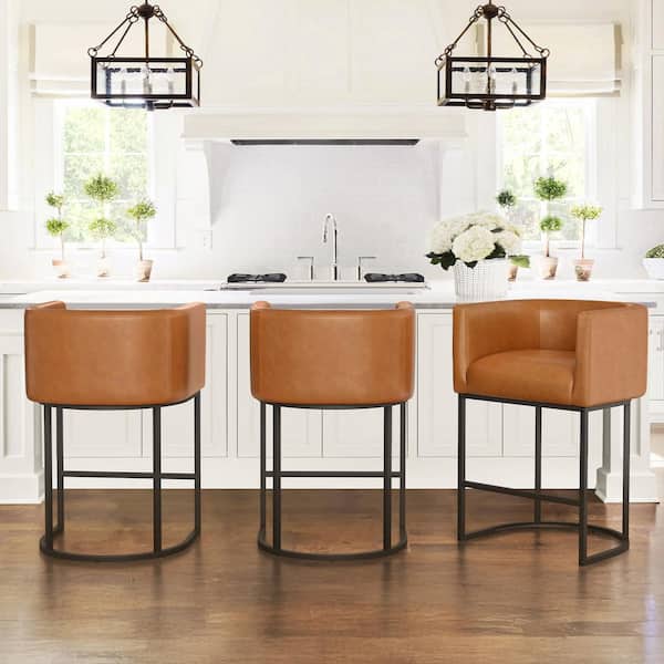LUE BONA 26 in. Yellowish Brown and Black Low Back Bar Stool with Metal Frame Counter Height Faux Leather Counter Stool(Set of 3)