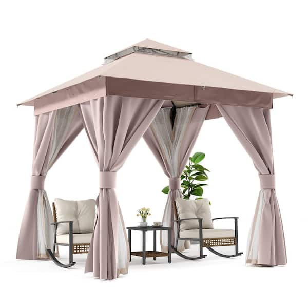 LAUSAINT HOME 8 ft. x 8 ft. Khaki Outdoor Patio Gazebo with Double Roof, Nettings and Privacy Screens