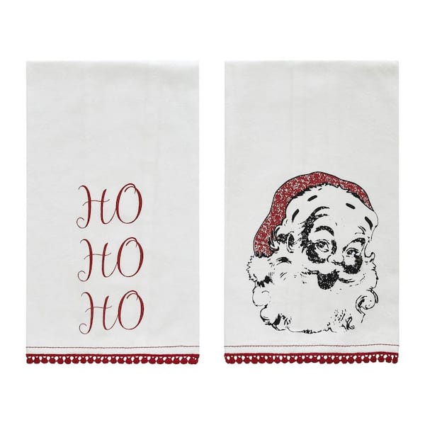 Chenille Christmas HO HO HO Bleached White Muslin Tea Towel Set of 2 19x28