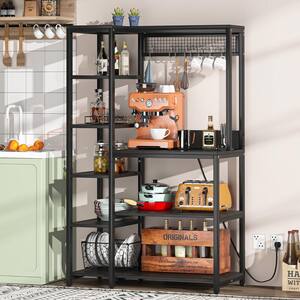 Black 5+ Shelves Wood 39.37 in. W Baker's Rack Storage Kitchen Utility Power Outlets Home Office
