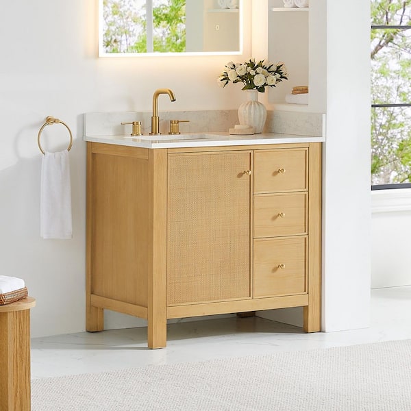 Cedar 36 in. Single Freestanding Natural Wood Bath Vanity with Grain White Engineered Stone Top Assembled