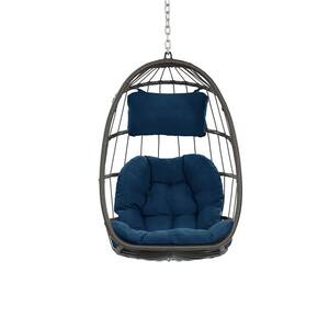 42.5 in. L Outdoor Wicker Swing Chair Hammock Chair Hanging Chair with Aluminum Frame Dark Blue Cushions