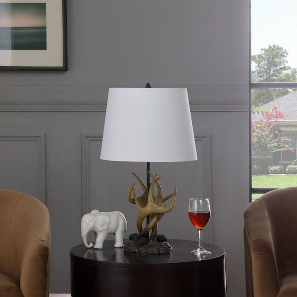 26 in. H Natural Royal Stag Deer Antler Modern Table Lamp with White Shade