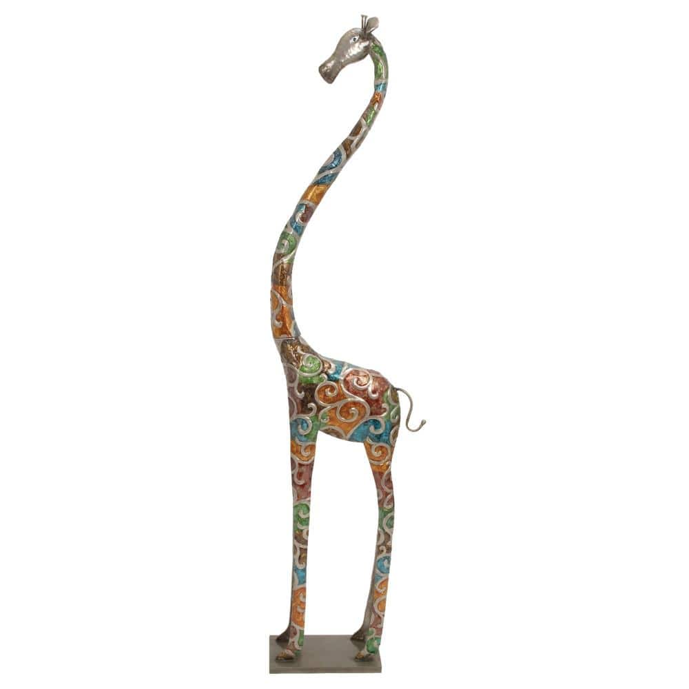 DecMode Extra Large and Colorful Floor Giraffe Sculpture  Molded from Iron with Grey Metal Finish  17 W x 3 L x 73 H